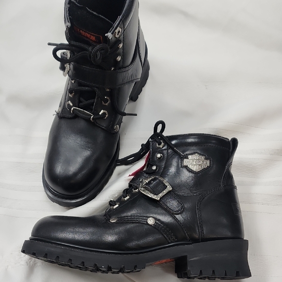 Harley-Davidson Ladies Black Leather Buckle Boots VINTAGE - Picture 1 of 8